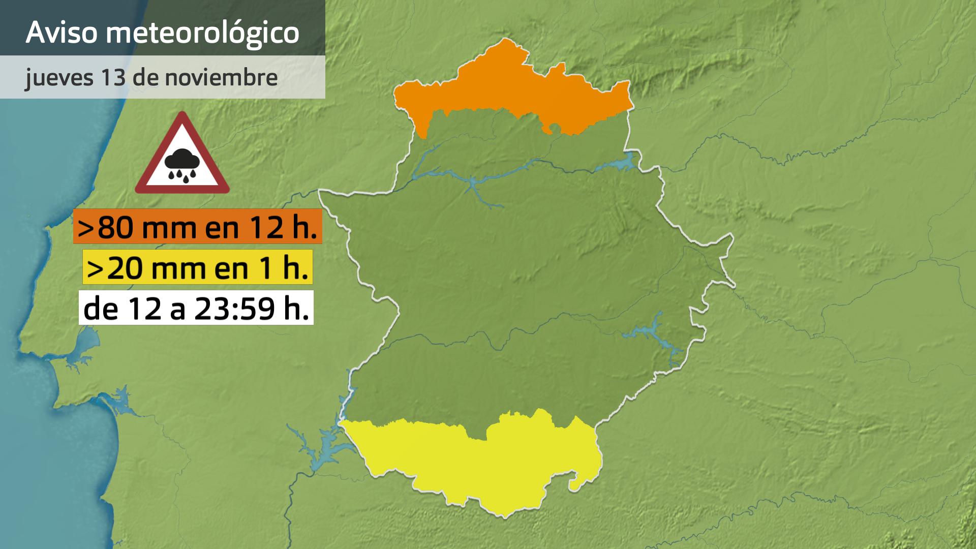 Avisos meteorológicos (Aemet) por lluvia para hoy jueves 13 de noviembre