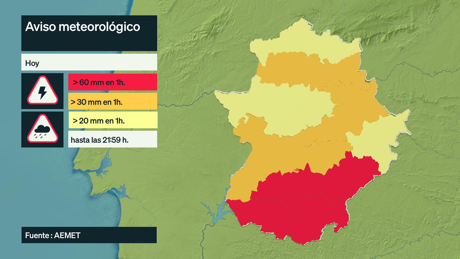 Mapa de avisos en Extremadura