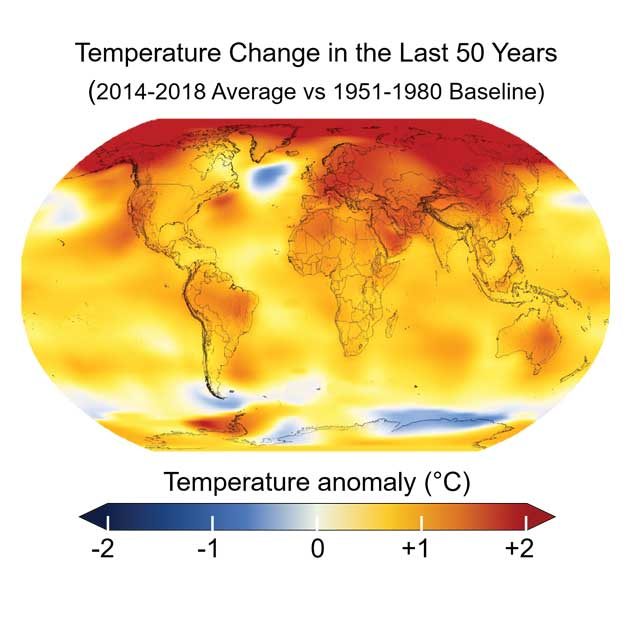 Anomalía de las temperaturas en los últimos 50 años. NASA/NOAA