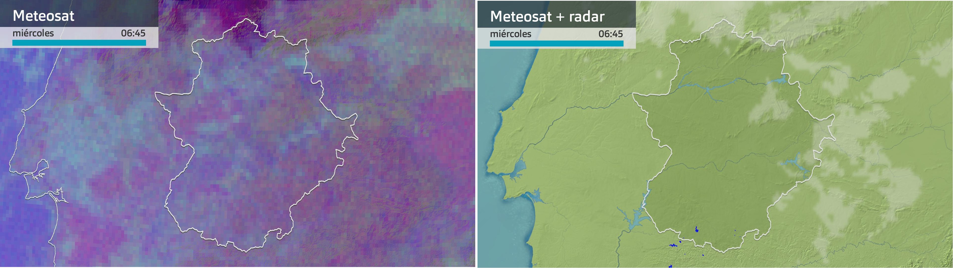 Imagen del Meteosat y Meteosat + radar meteorológico miércoles 3 de abril 6:45 h.