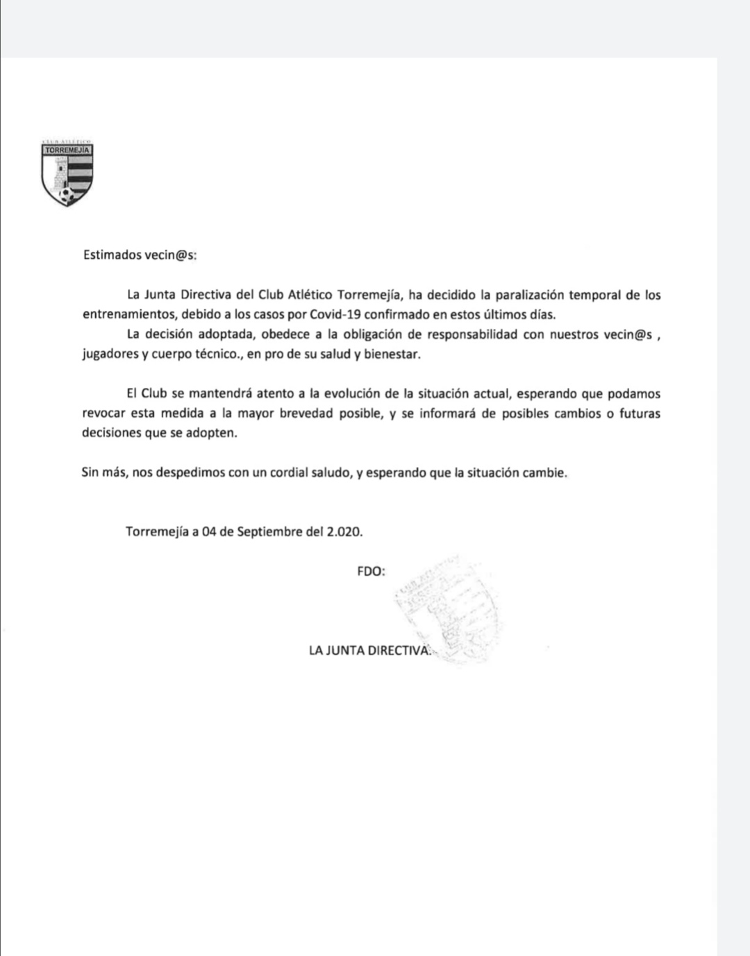 Comunicado del CA Torremejía anunciando la paralización de los entrenamientos