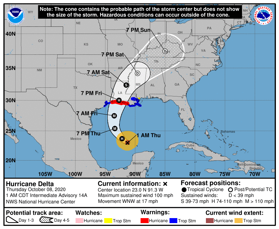 Trayectoria prevista para el huracán Delta. Fuente: NHC