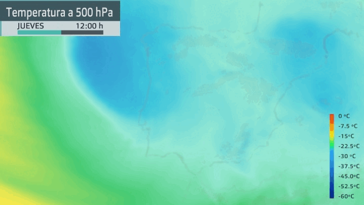 Evoilución de las temperaturas a 500 hPa (5.500 m. aprox.) para la jornada de hoy