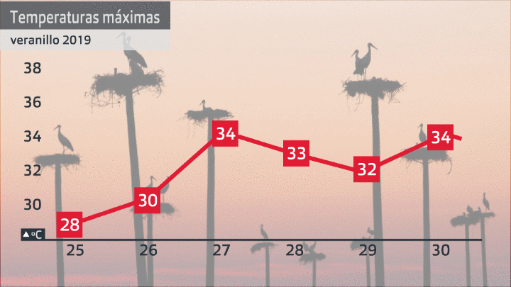 Temperaturas máximas del tramo final de septiembre en 2018 y 2019. Datos estaciones Aemet