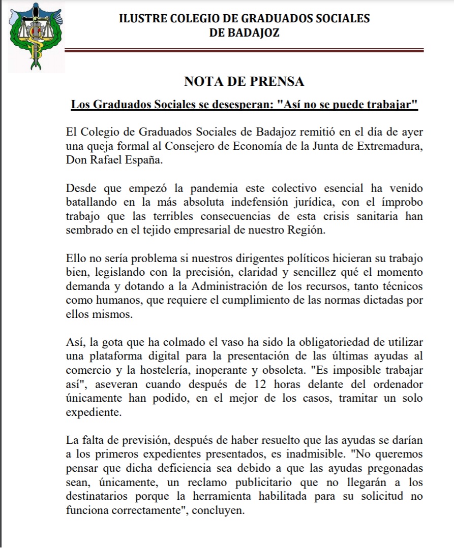 Comunicado del Colegio Oficial de Graduados Sociales de Badajoz.