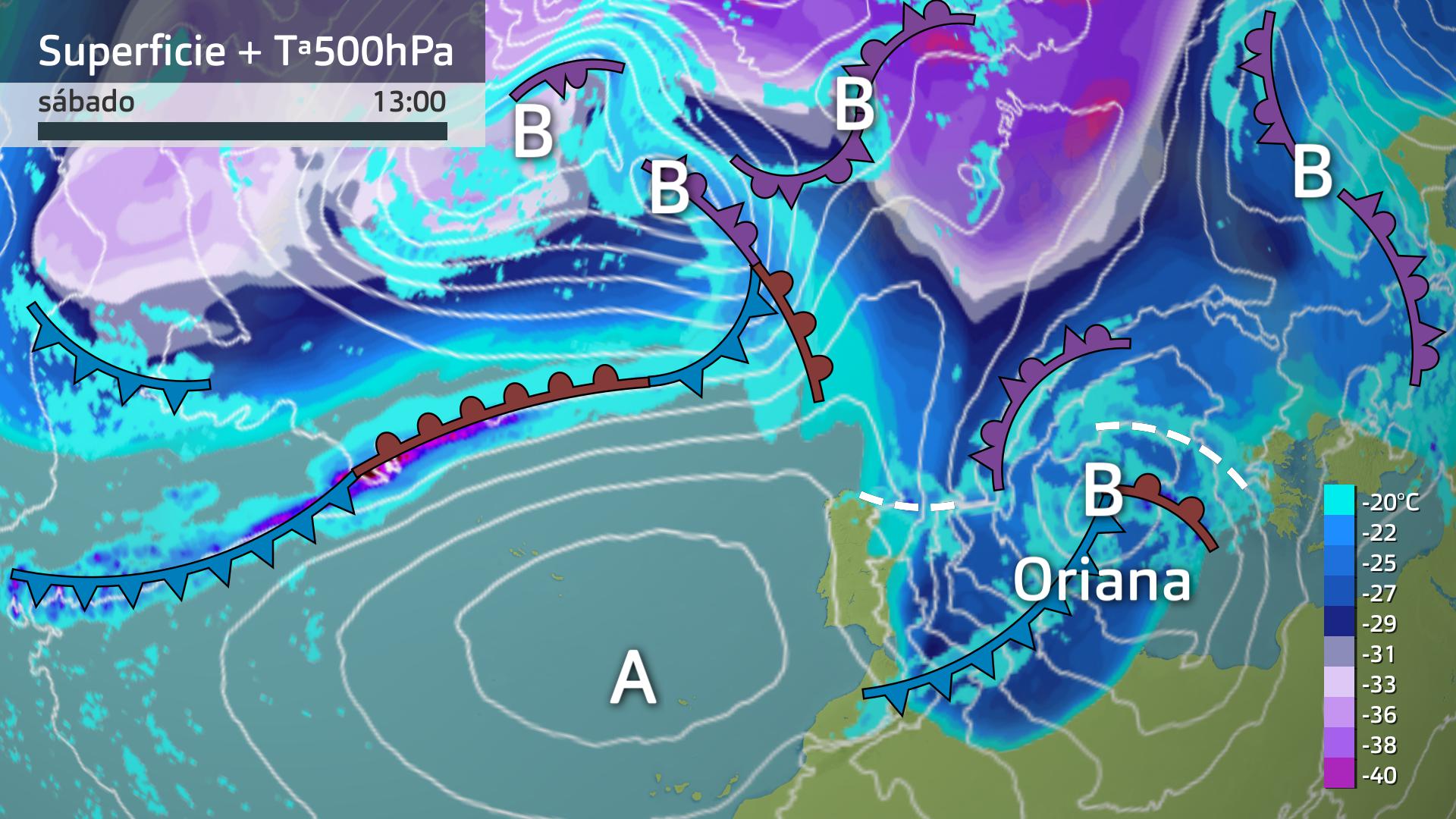 Mapa de superficie y de temperatura a 500 hPa (5500 metros de altura)
