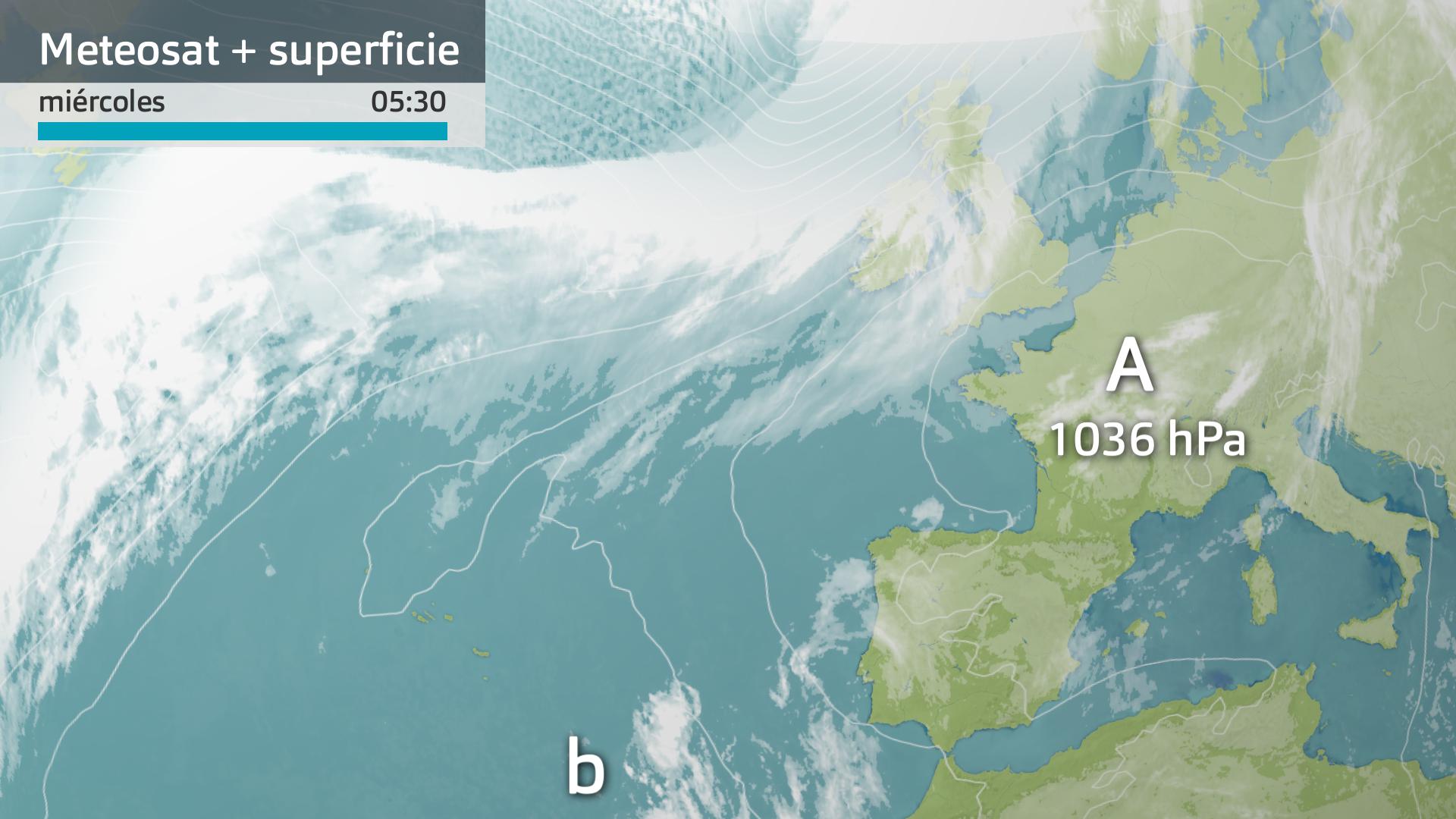 Imagen del Meteosat + mapa de superficie miércoles 31 de enero 5:30 h.