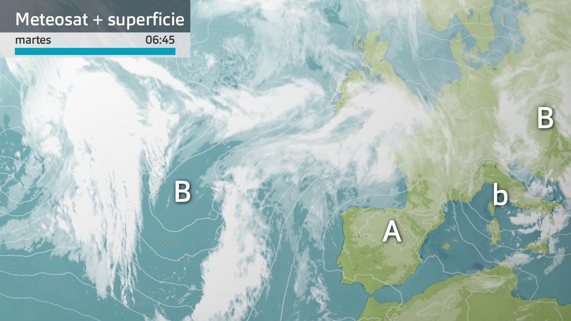 Imagen del Meteosat + mapa de superficie martes 12 de marzo 6:45 h.