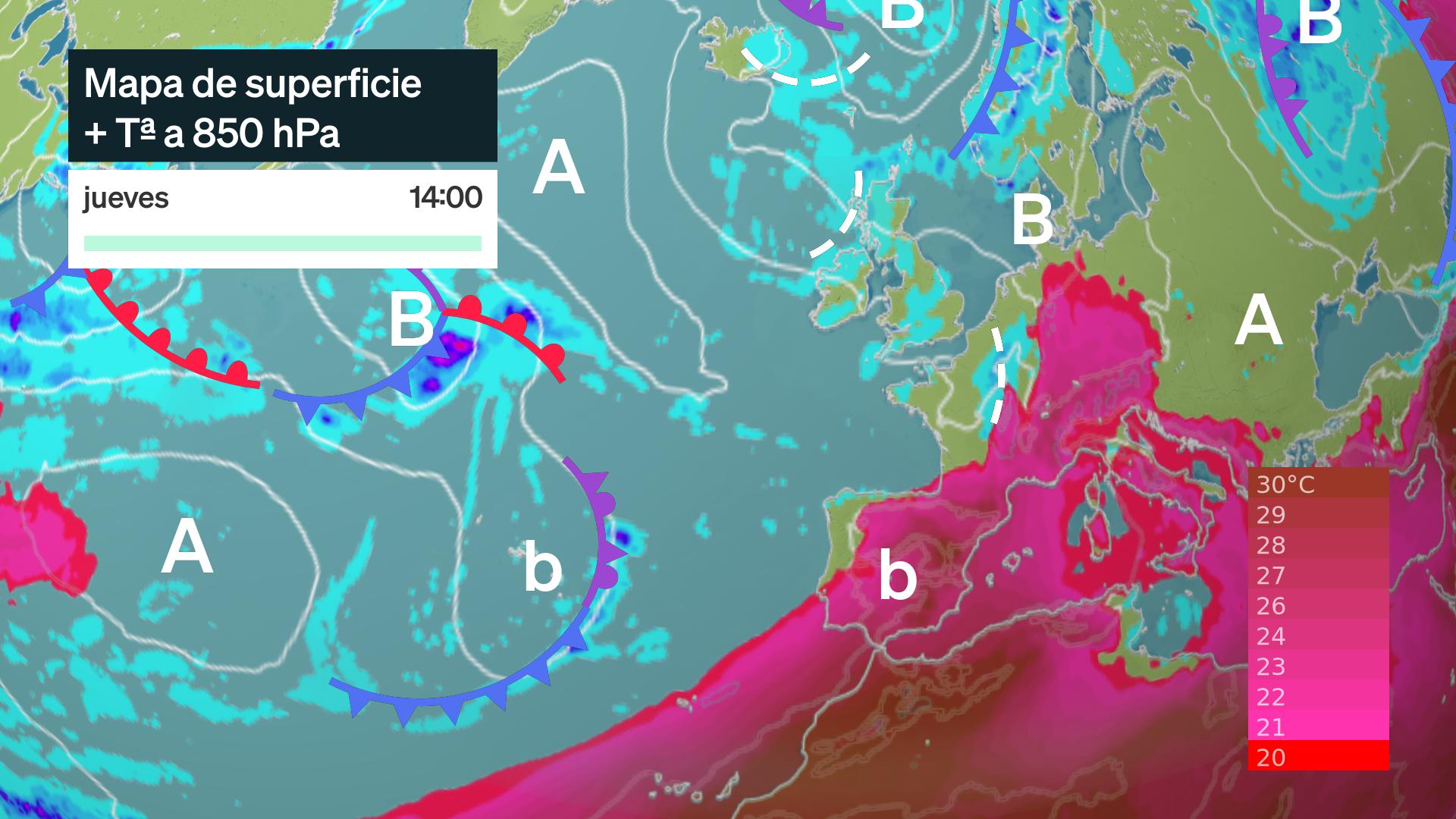 Mapa de superficie y Tª 850 hPa