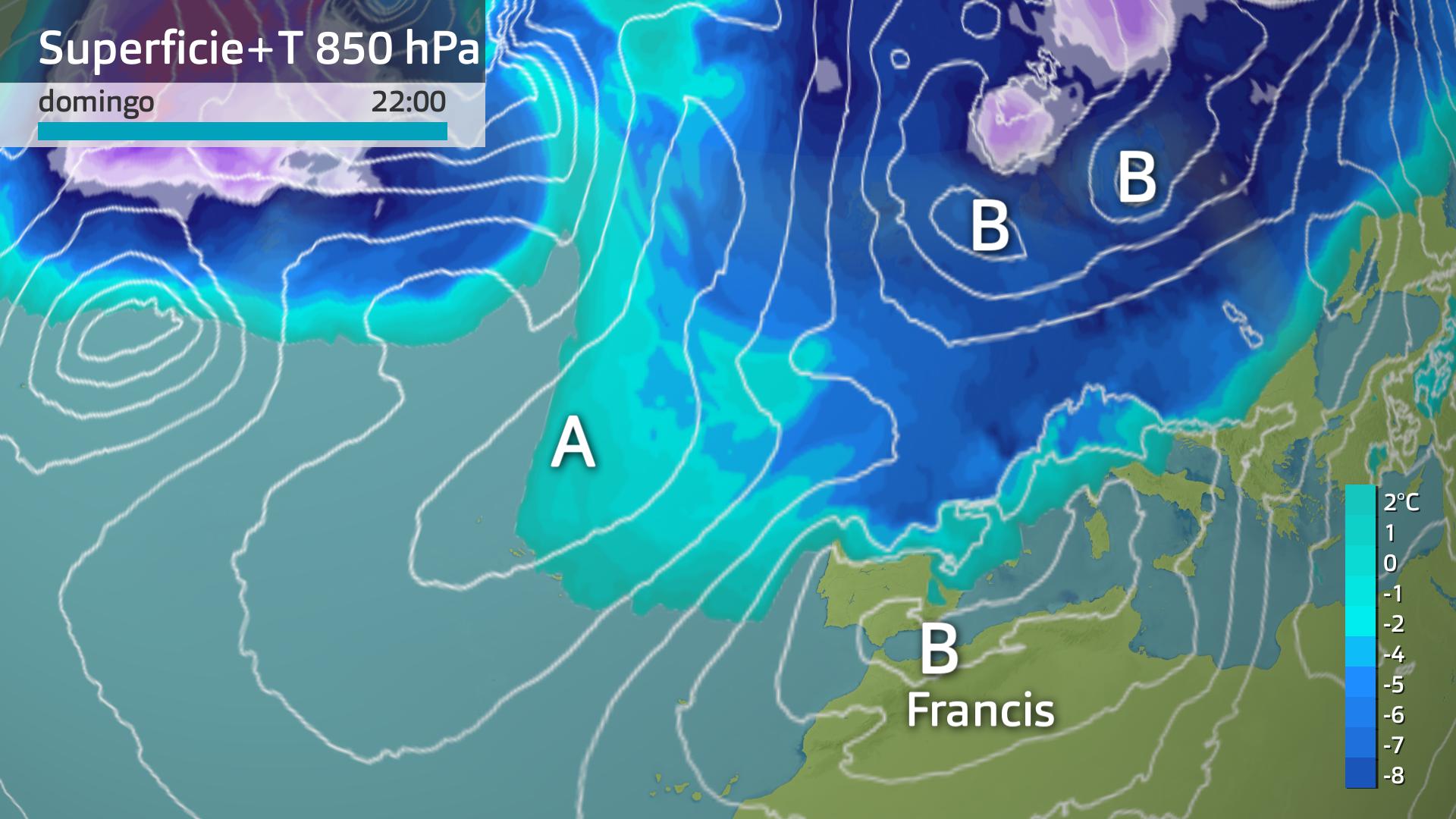 Mapa de superficie y de temperatura a 850 hPa (1500 metros de altura)