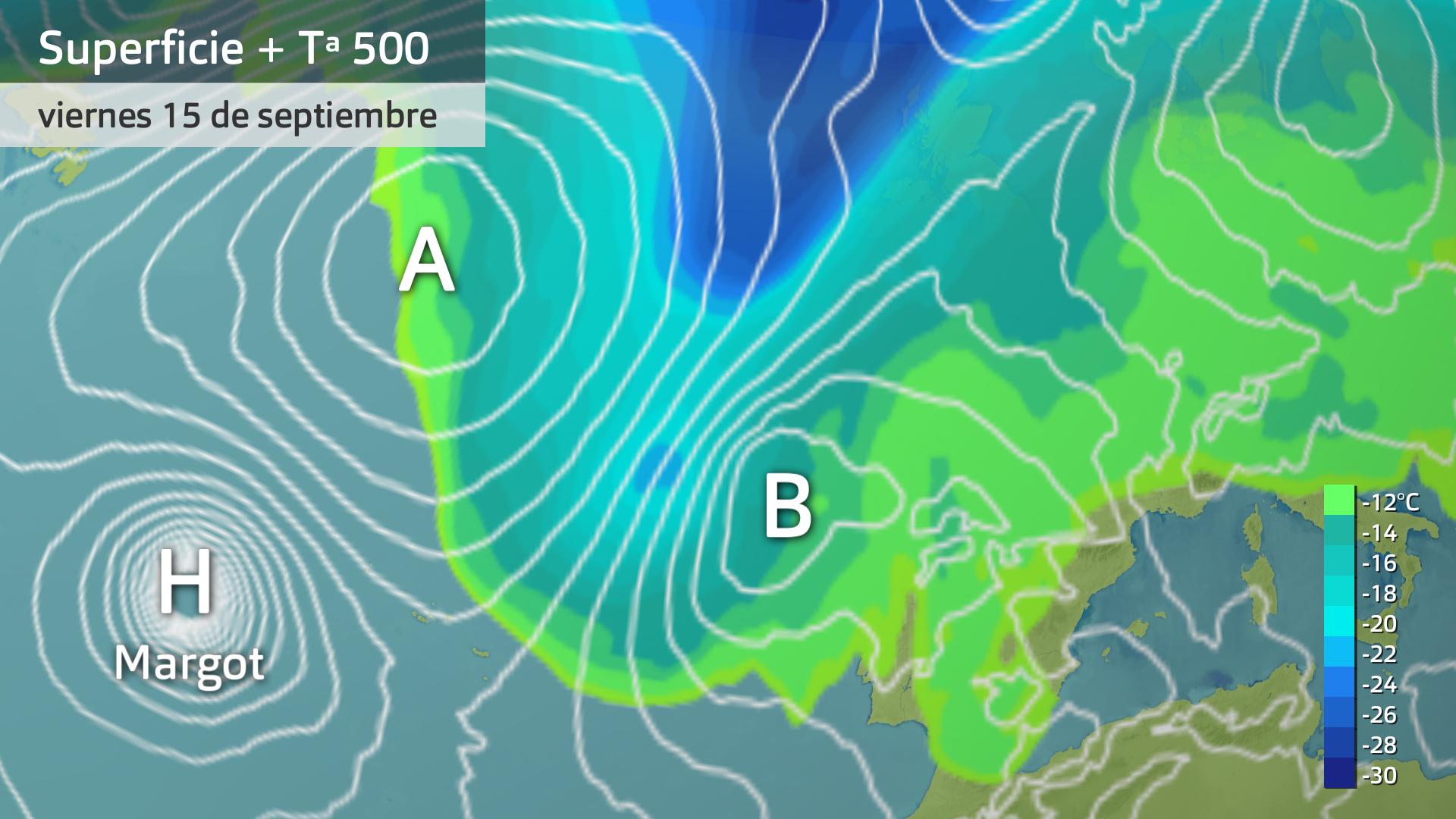 Mapa de superficie + temperatura a 500 hPa para hoy viernes 15 de septiembre