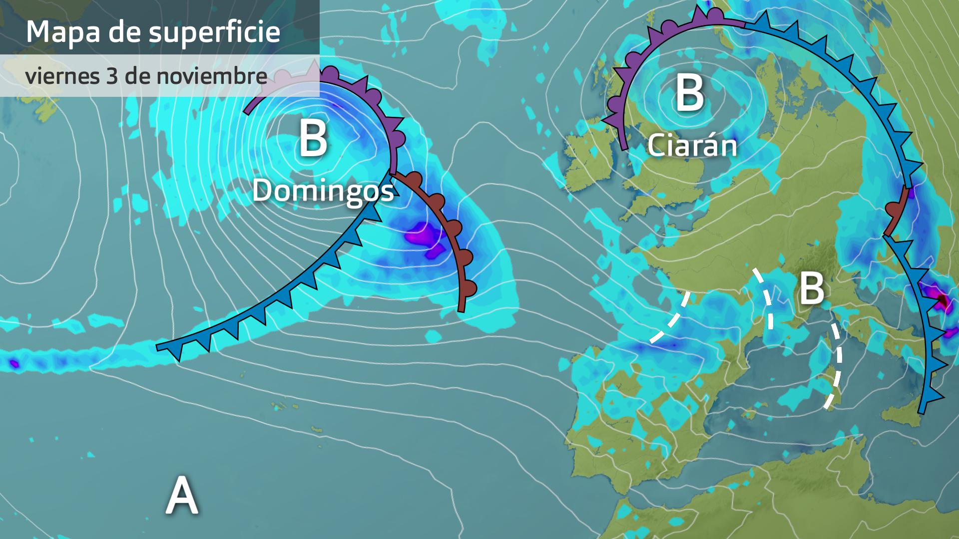 Mapa de superficie previsto para hoy viernes 3 de noviembre 13 h.