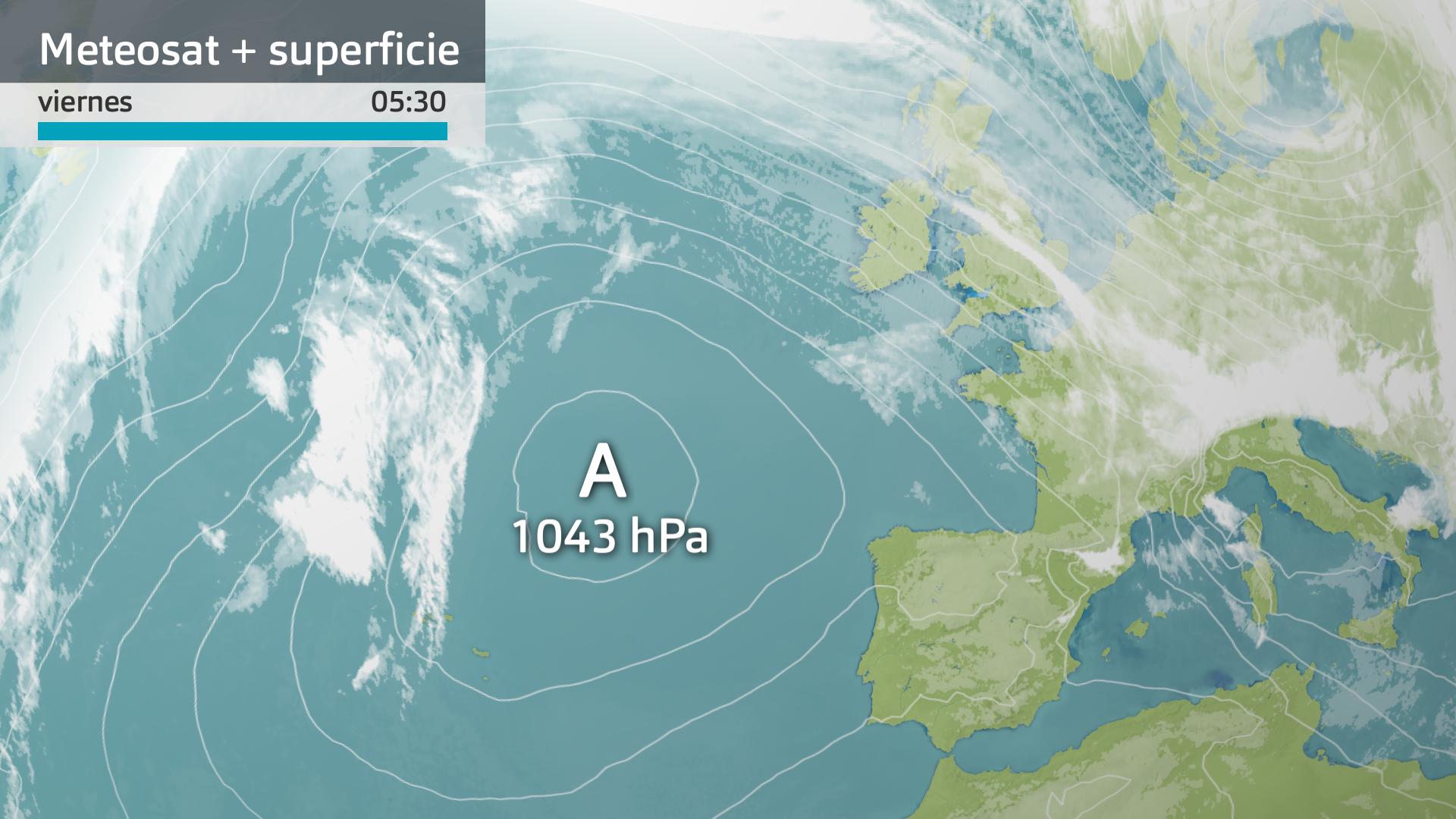 Imagen del Meteosat + presión en superficie viernes 22 de diciembre 5:30 h.