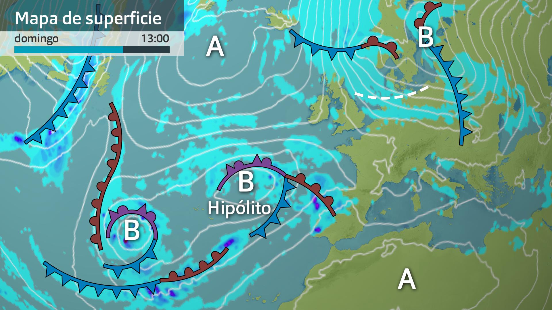 Mapa de superficie previsto para el domingo 14 de enero 13 h.