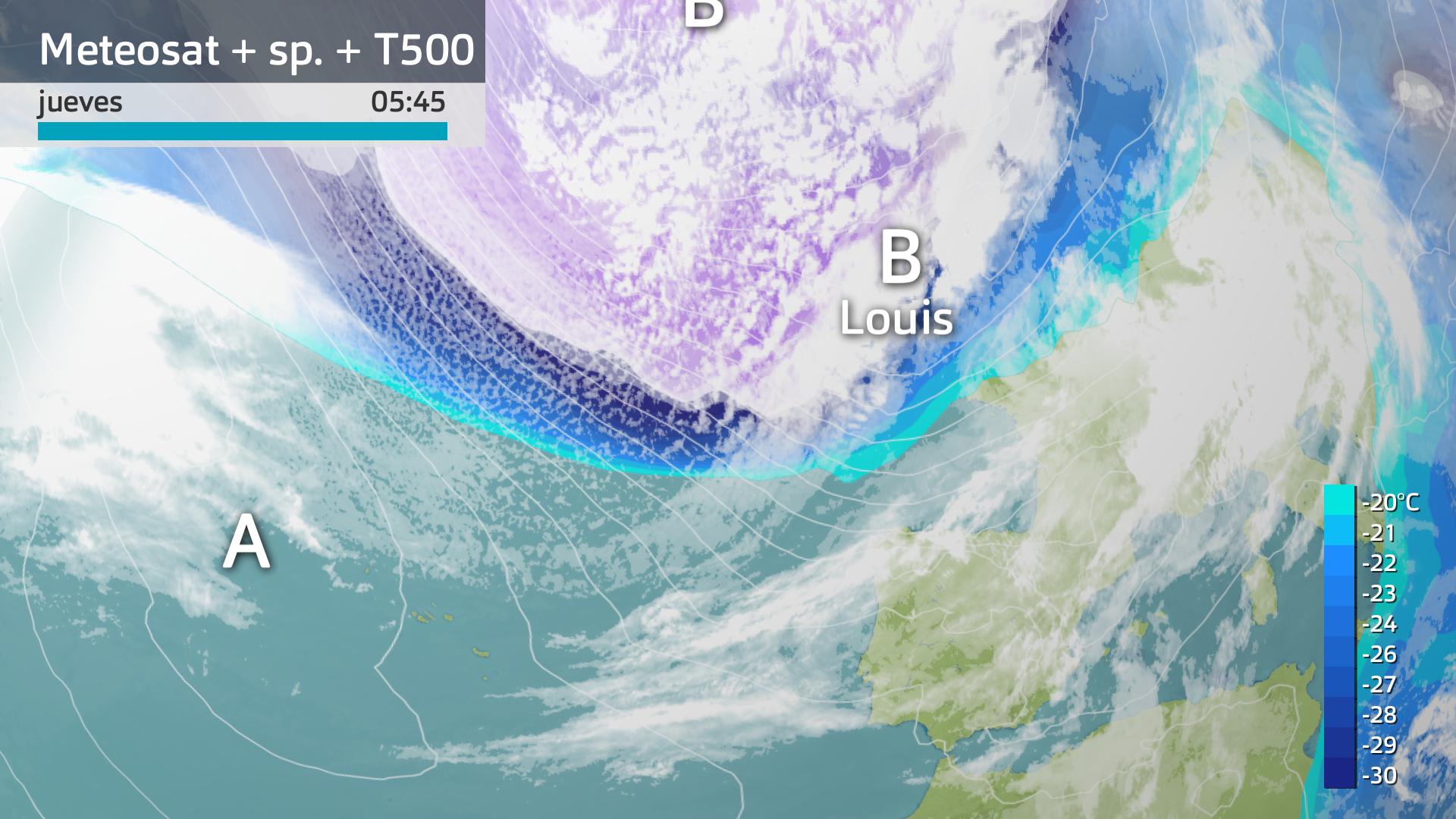 Imagen del Meteosat + superficie + temperatura a 500 hPa jueves 22 de febrero 5:45 h.