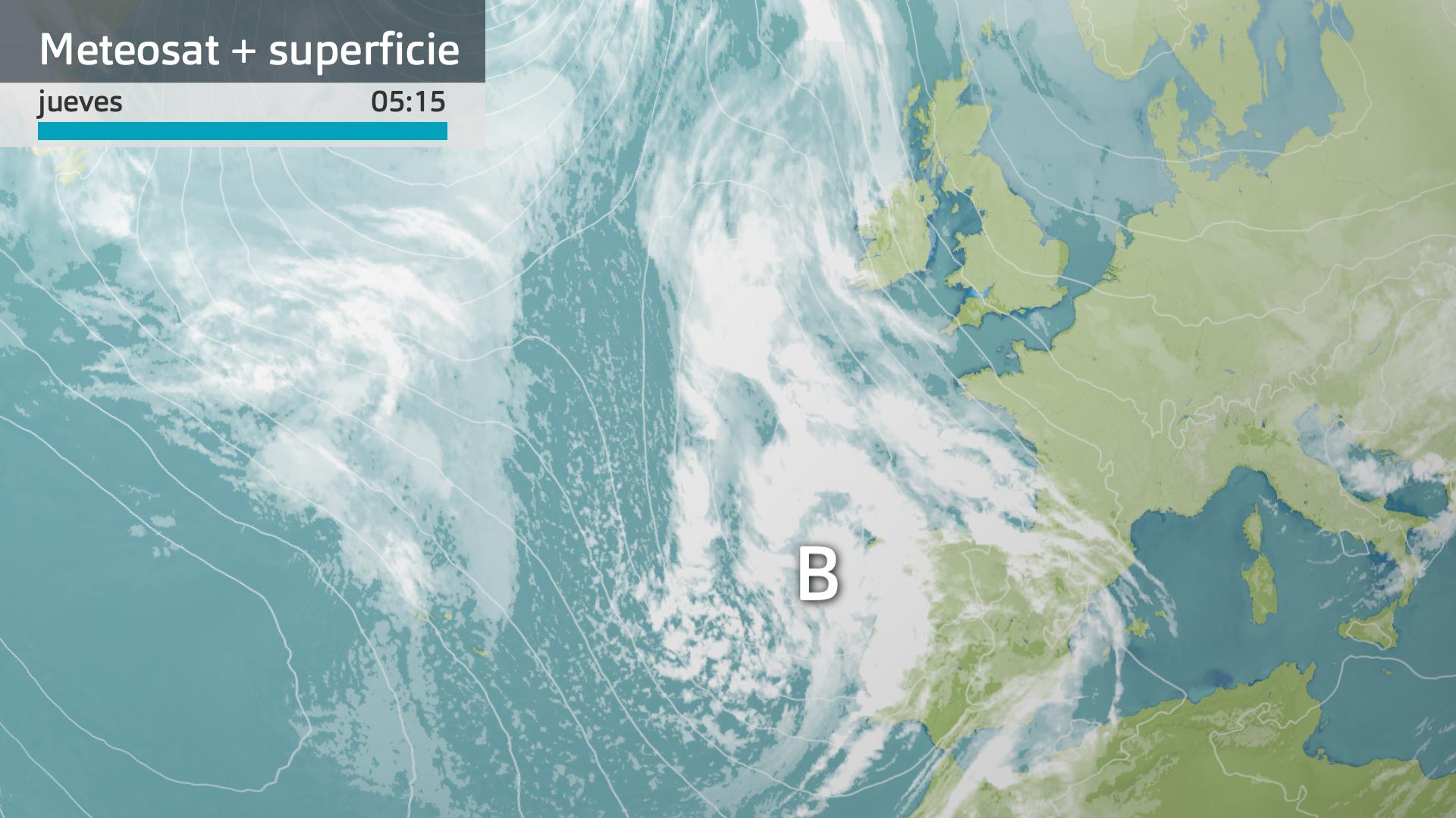 Imagen del Meteosat + mapa de superficie jueves 7 de marzo 5:15 h.