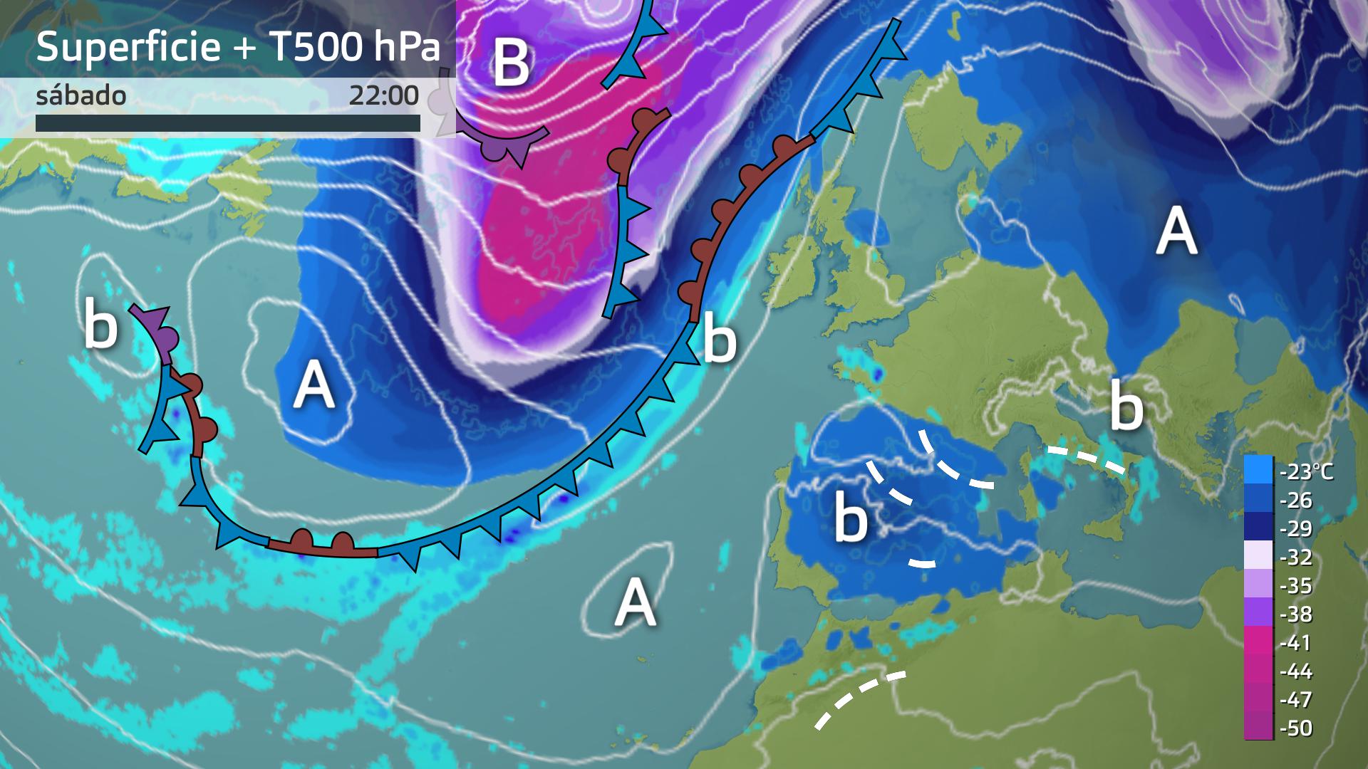 Superficie y Temperatura a 500 hPa (5.500 m.)