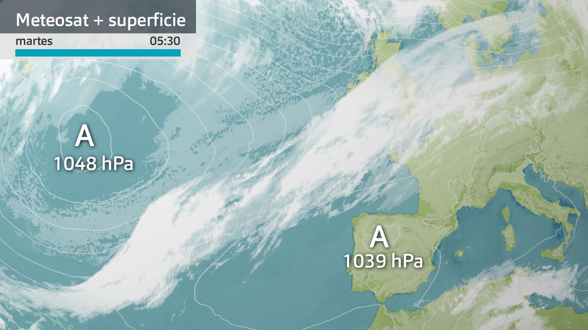 Imagen del Meteosat + presión en superficie martes 19 de diciembre 5:30 h.