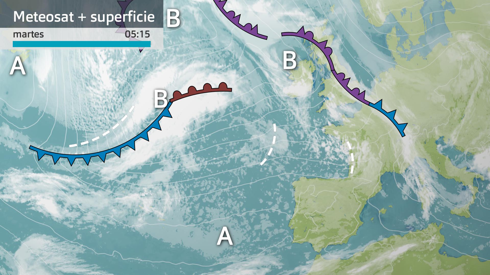 Imagen del Meteosat + mapa de superficie martes 5 de marzo 5:15 h.