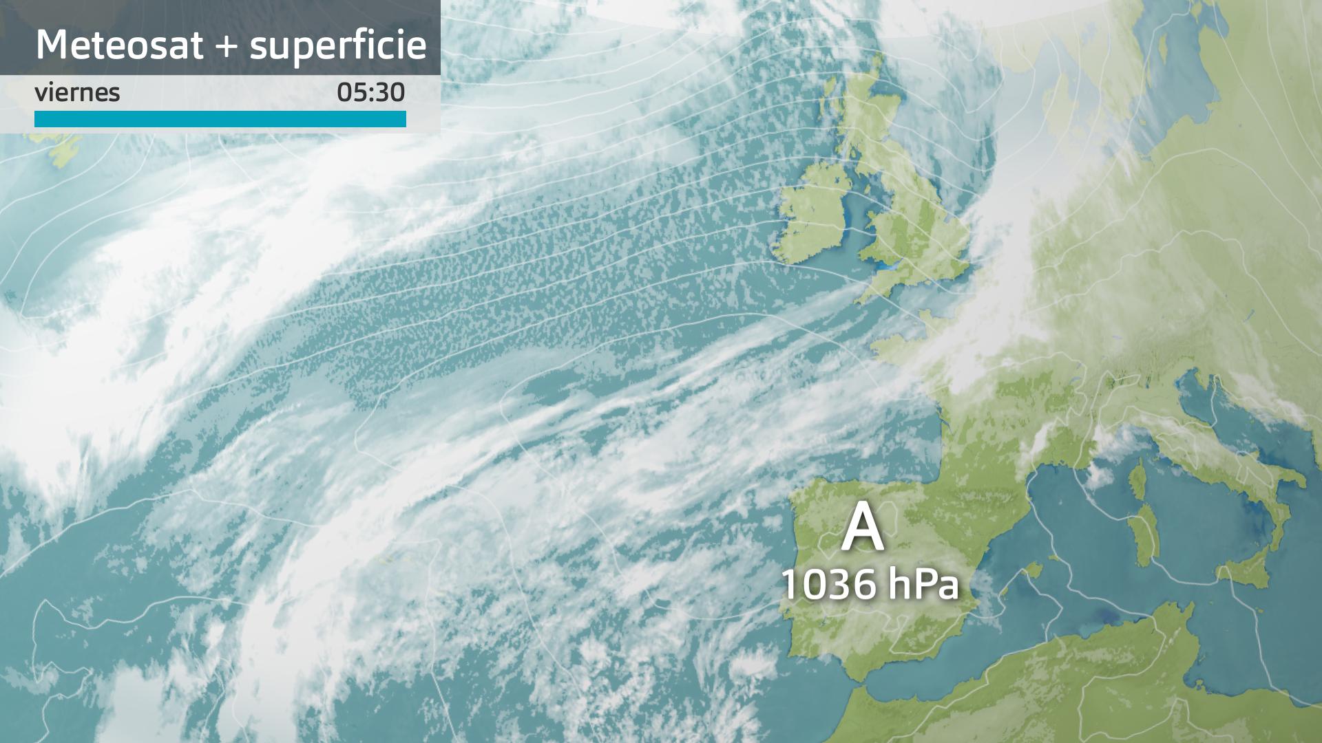 Imagen del Meteosat + mapa de superficie viernes 26 de enero 5:30 h.