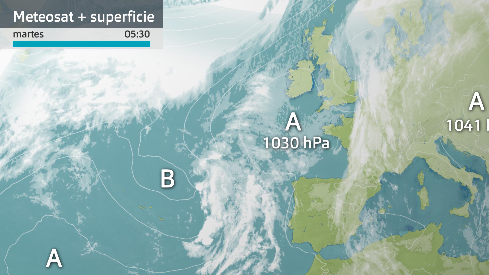 Imagen del Meteosat + mapa de superfcicie martes 30 de enero 5:30 h.