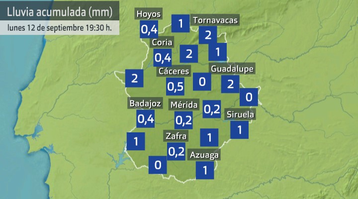 Mapa de lluvia acumulada (en mm) hasta las 19:30 h.