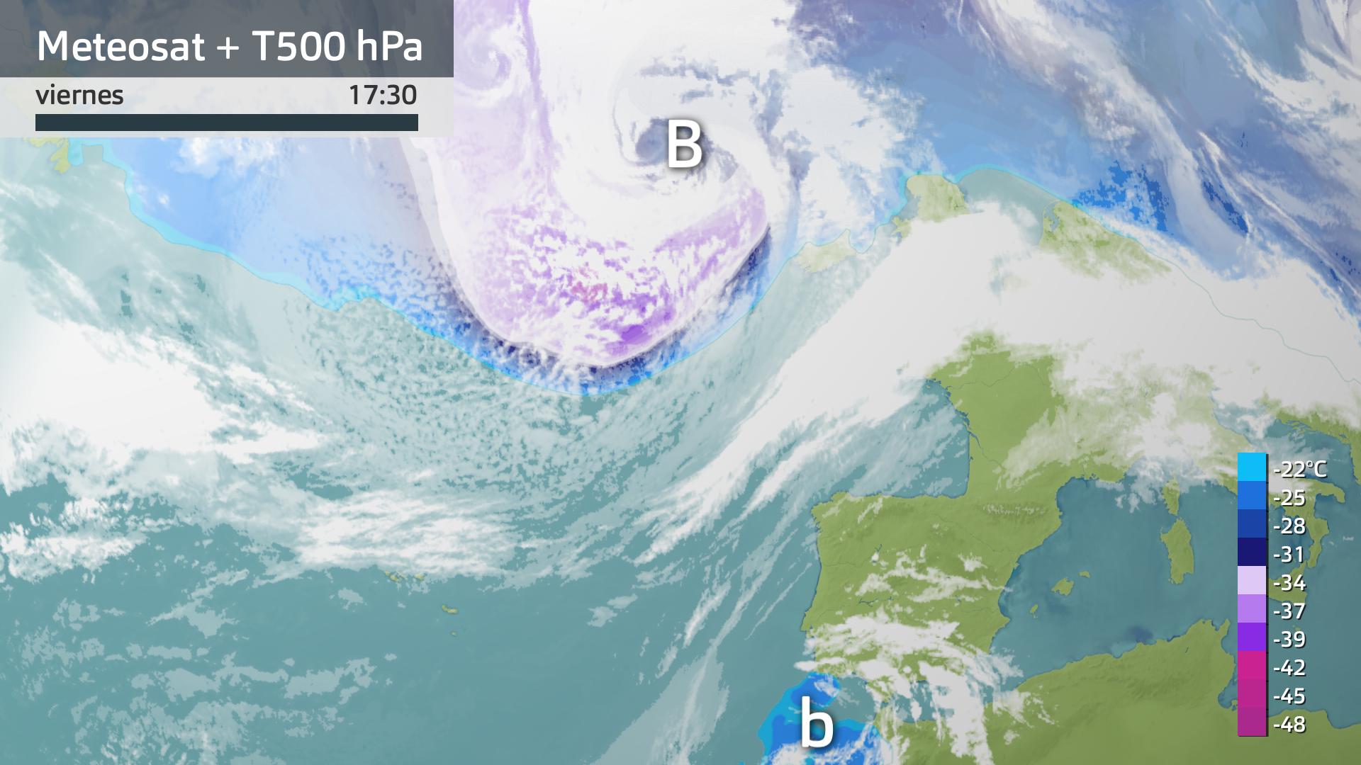 Mapa de superficie y de temperatura a 500 hPa (5500 metros de altura)