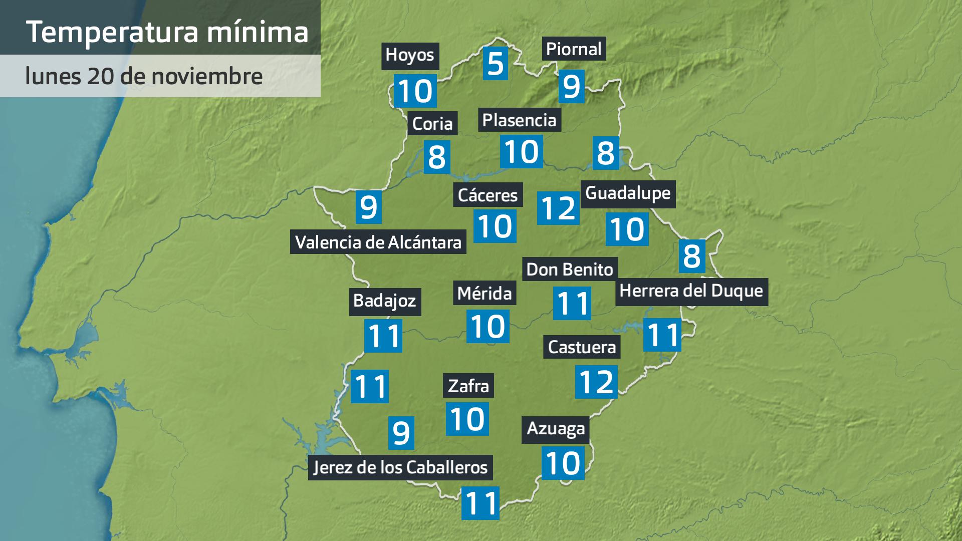 Temperatura mínima lunes 20 de noviembre. Datos hasta las 6:30 h. Aemet, Meteoclimatic et al.