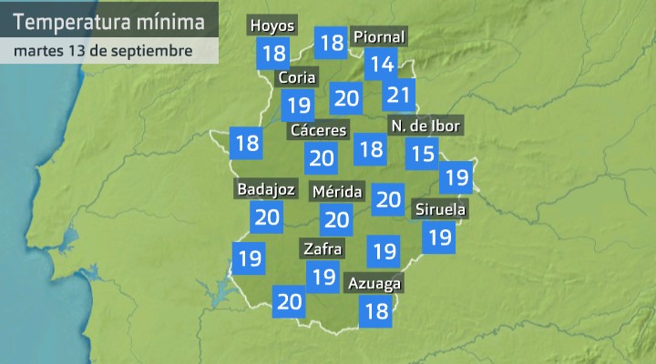 Mapa de temperatura mínima 13 de septiembre de 2022. Fuente: AEMET, Meteoclimatic et al.