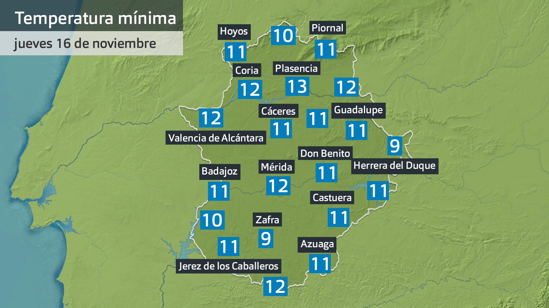 Temperatura mínima jueves 16 de noviembre. Datos hasta las 6:30 h. Aemet, Meteoclimatic et al.