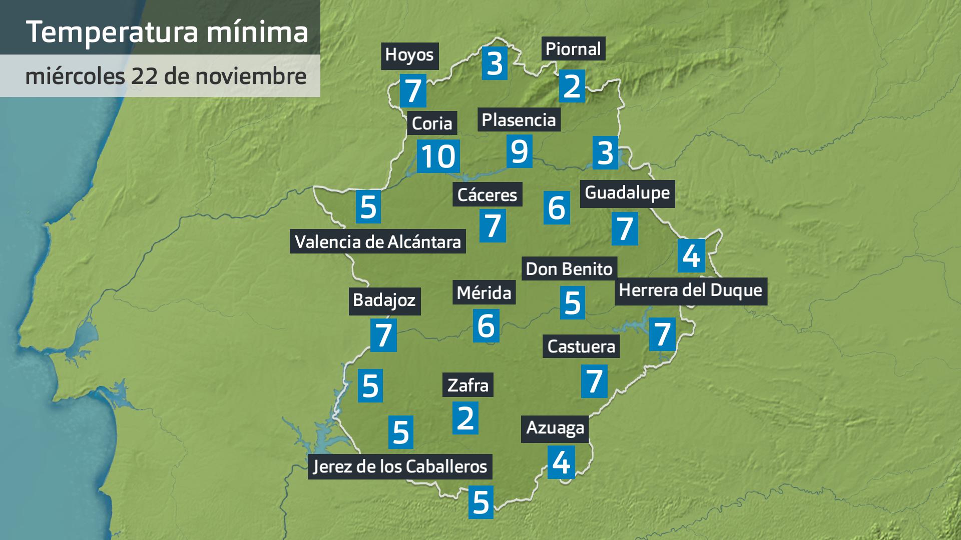 Temperatura mínima miércoles 22 de noviembre. Datos hasta las 6:30 h. Aemet, Meteoclimatic et al.