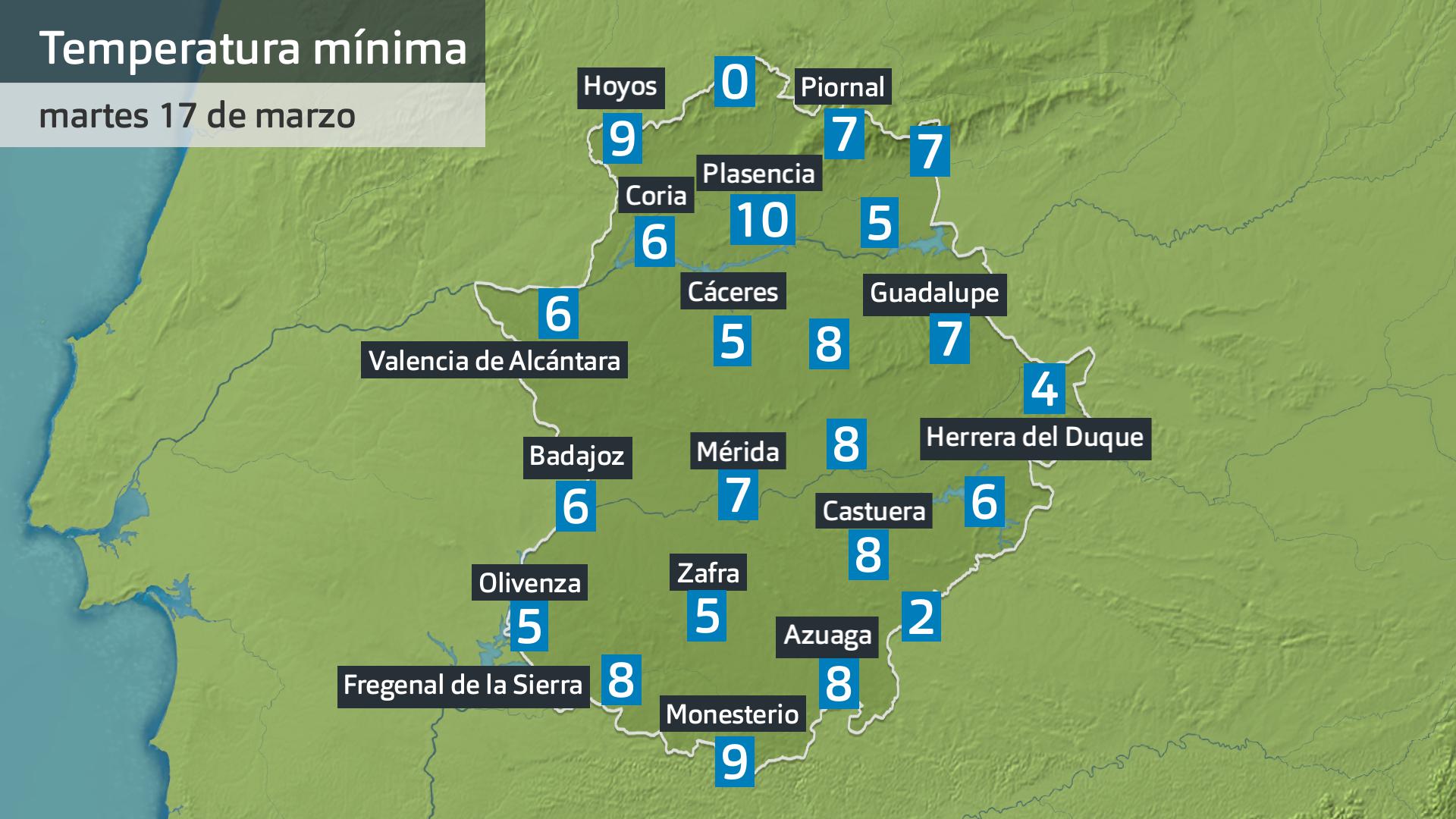 Temperaturas mínimas del 17 de marzo a las 9:00 h.
