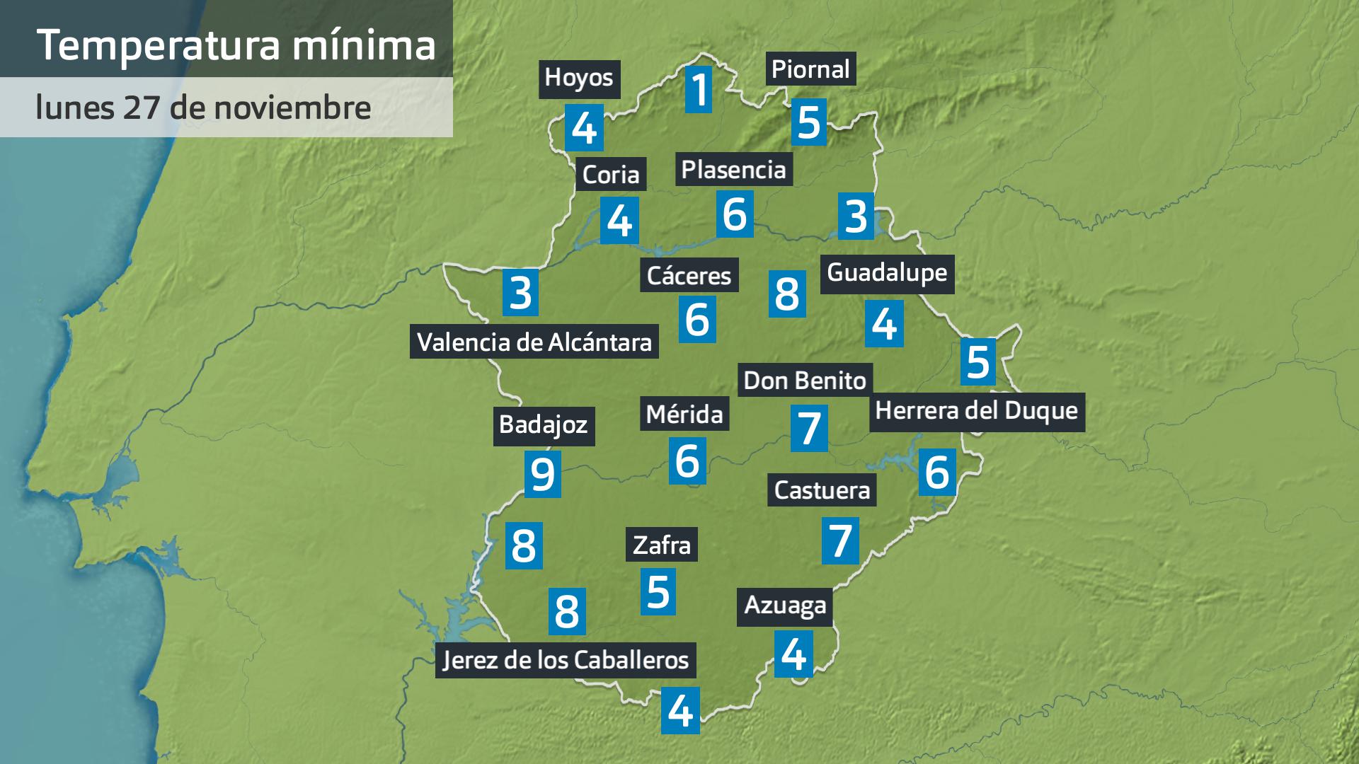 Temperatura mínima lunes 27 de noviembre. Datos hasta las 6:30 h. Aemet, Meteoclimatic et al.