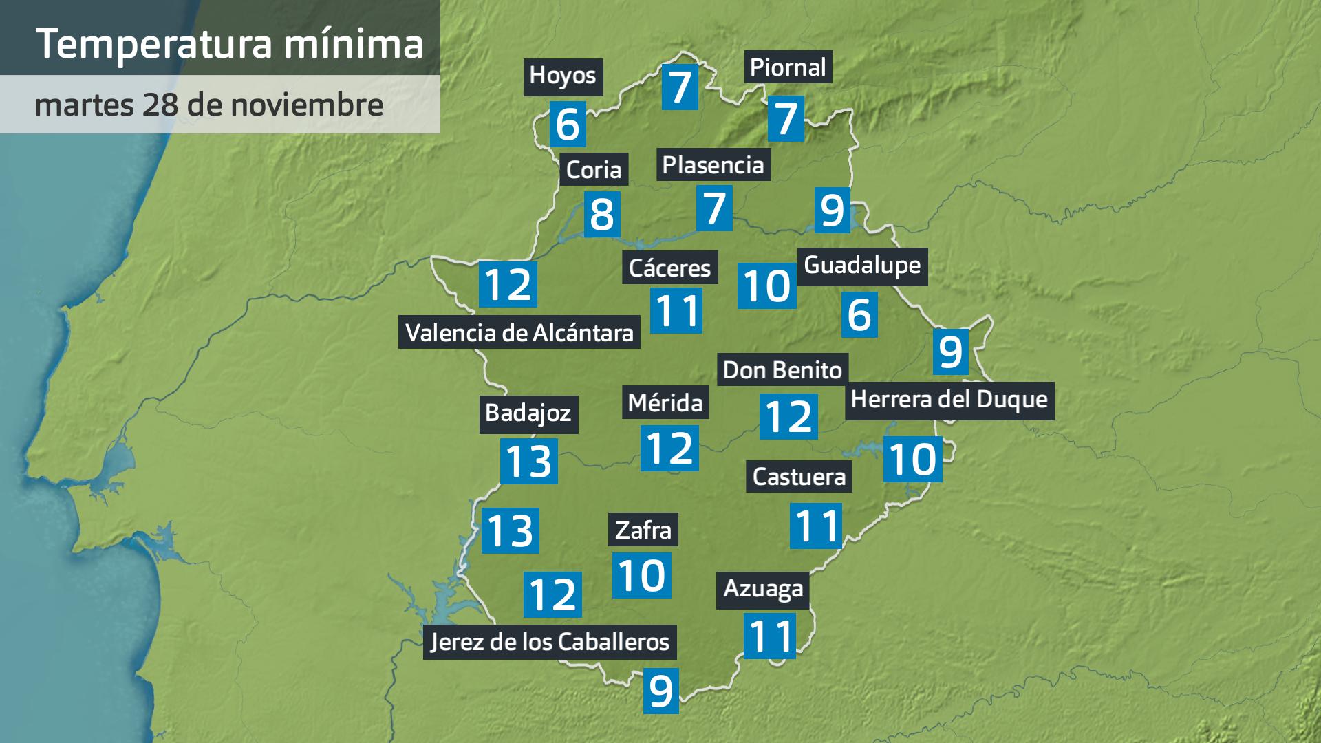 Temperatura mínima martes 28 de noviembre. datos hasta las 6:30 h. Aemet, Meteoclimatic et al.