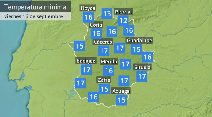 Temperatura mínima 16 de septiembre de 2022. Fuente: AEMET, Meteoclimatic et al.