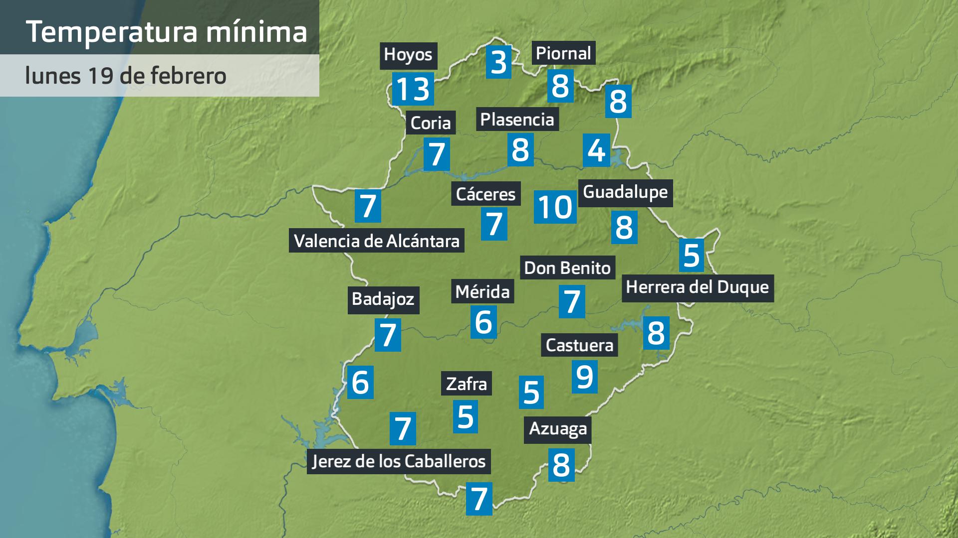 Temperatuera mínima lunes 19 de febrero. Datos hasta las 6:30 h. Aemet, Meteoclimatic et al.