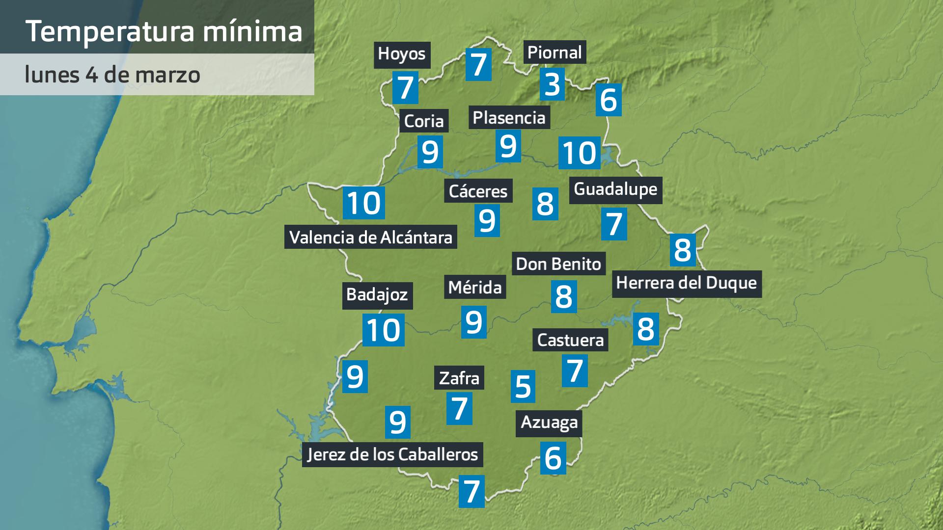 Temperatura mínima lunes 4 de marzo. Datos hasta las 6:30 h. Aemet, Meteoclimatc et al.