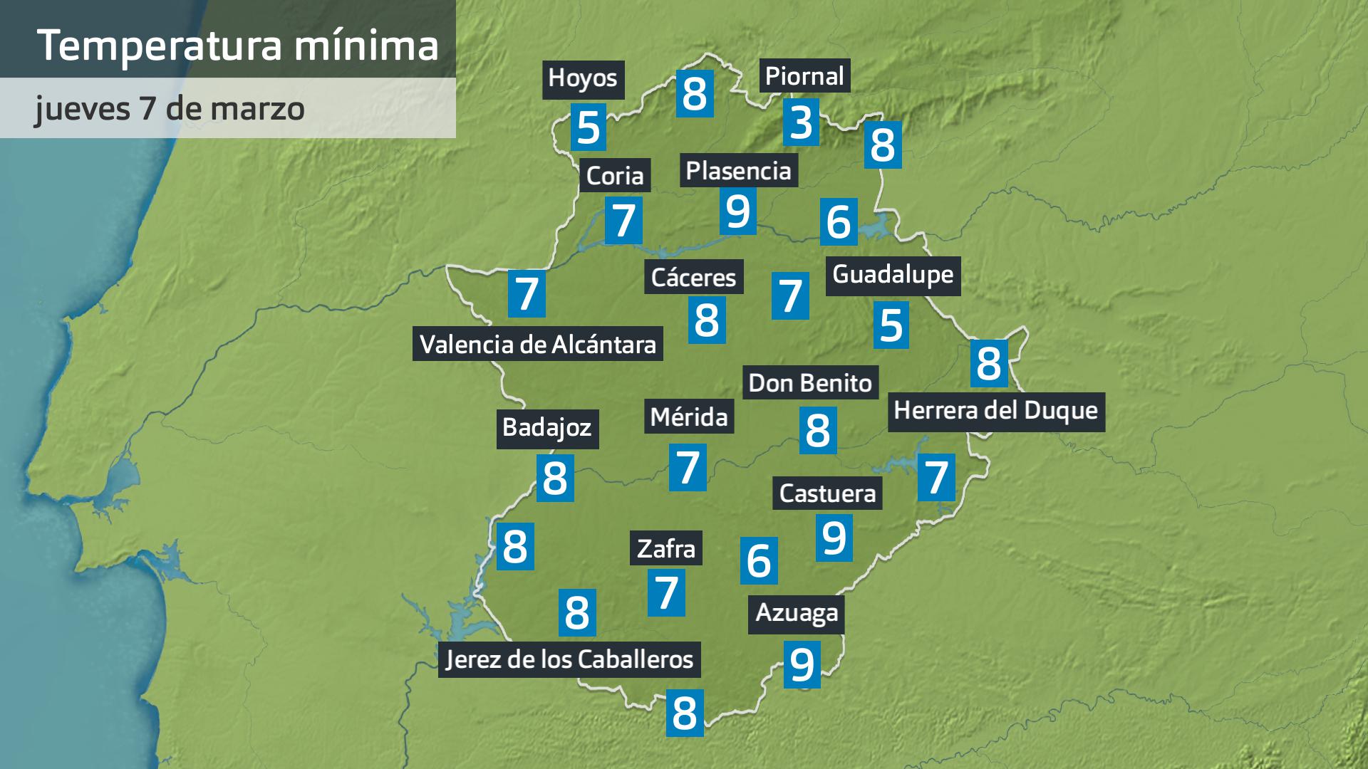 Temperatura mínima jueves 7 de marzo. Datos hasta las 6:30 h. Aemet, Meteoclimatic et al.