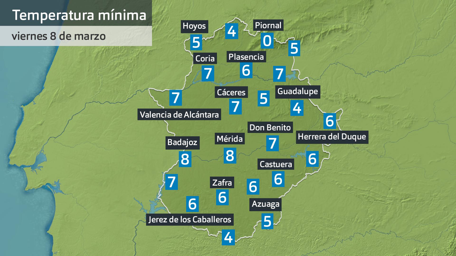 Temperatura mínima viernes 8 de marzo. Datos hasta las 6:30 h. Aemet, Meteoclimatic et al.