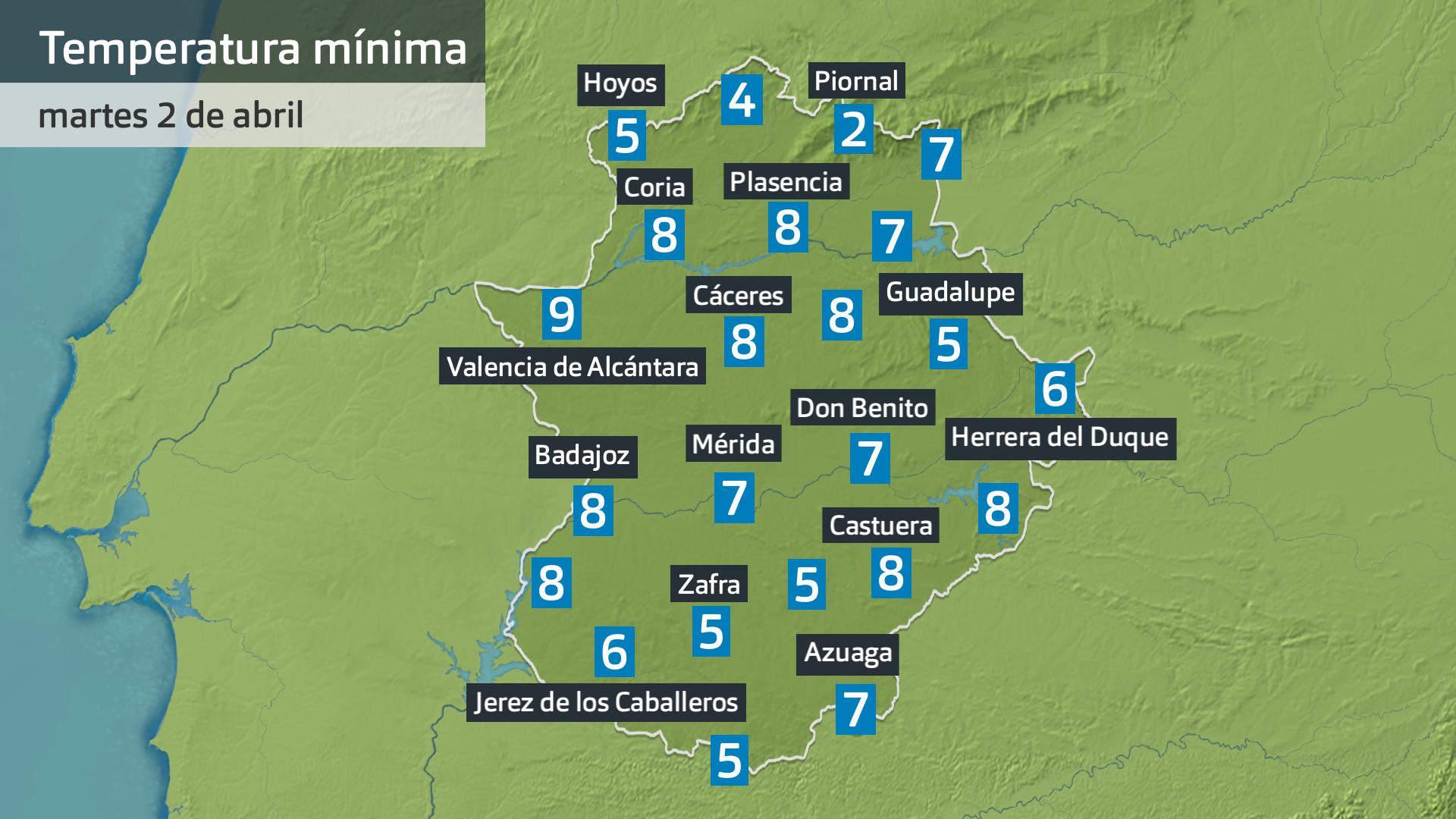 Temperatura mínima martes 2 de abril. Datos hasta las 7:45 h. Aemet, Meteoclimatic et al.