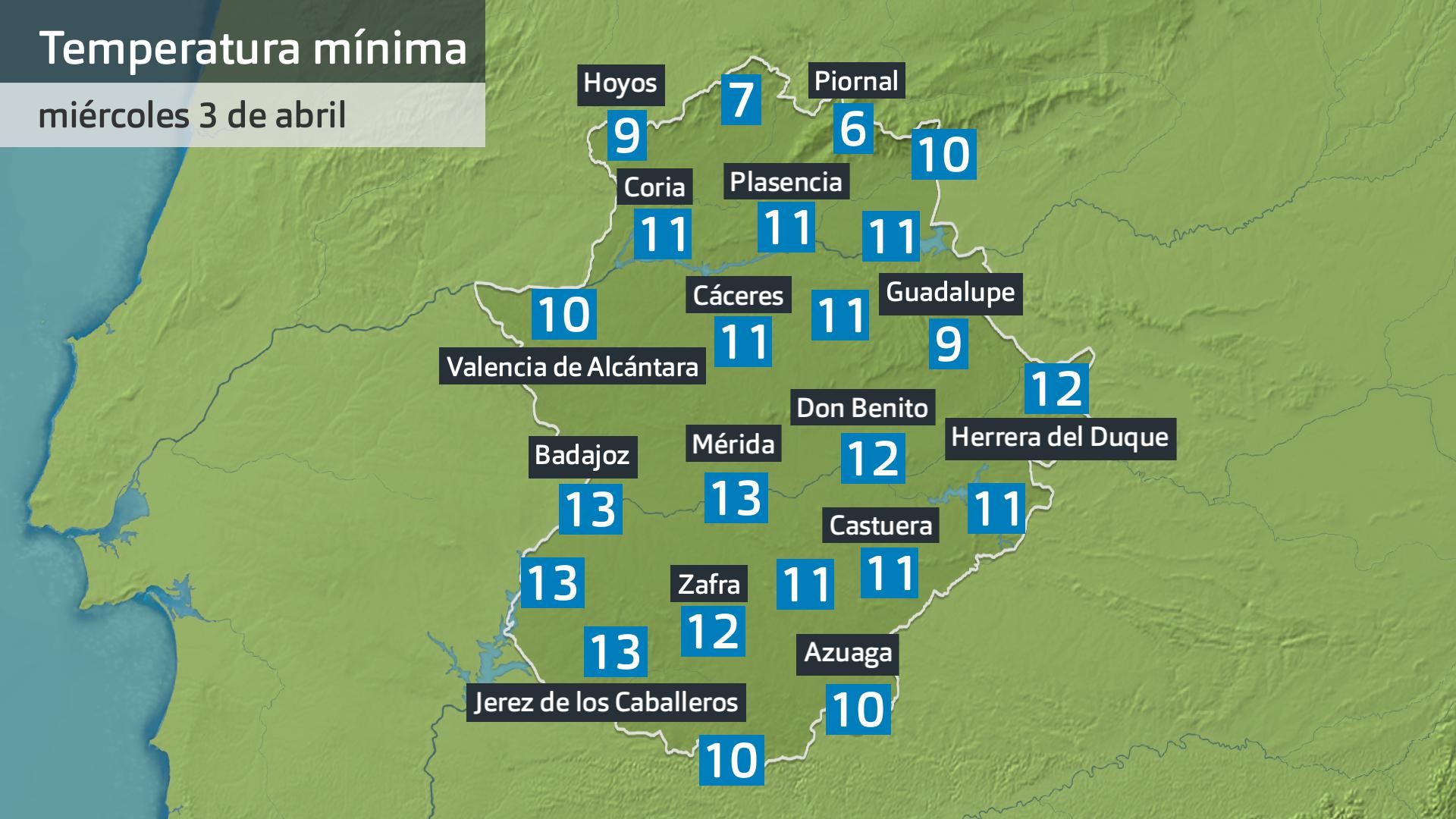 Temperatura mínima miércoles 3 de abril. Datos hasta las 7:30 h. Aemet, Meteoclimatic et al.