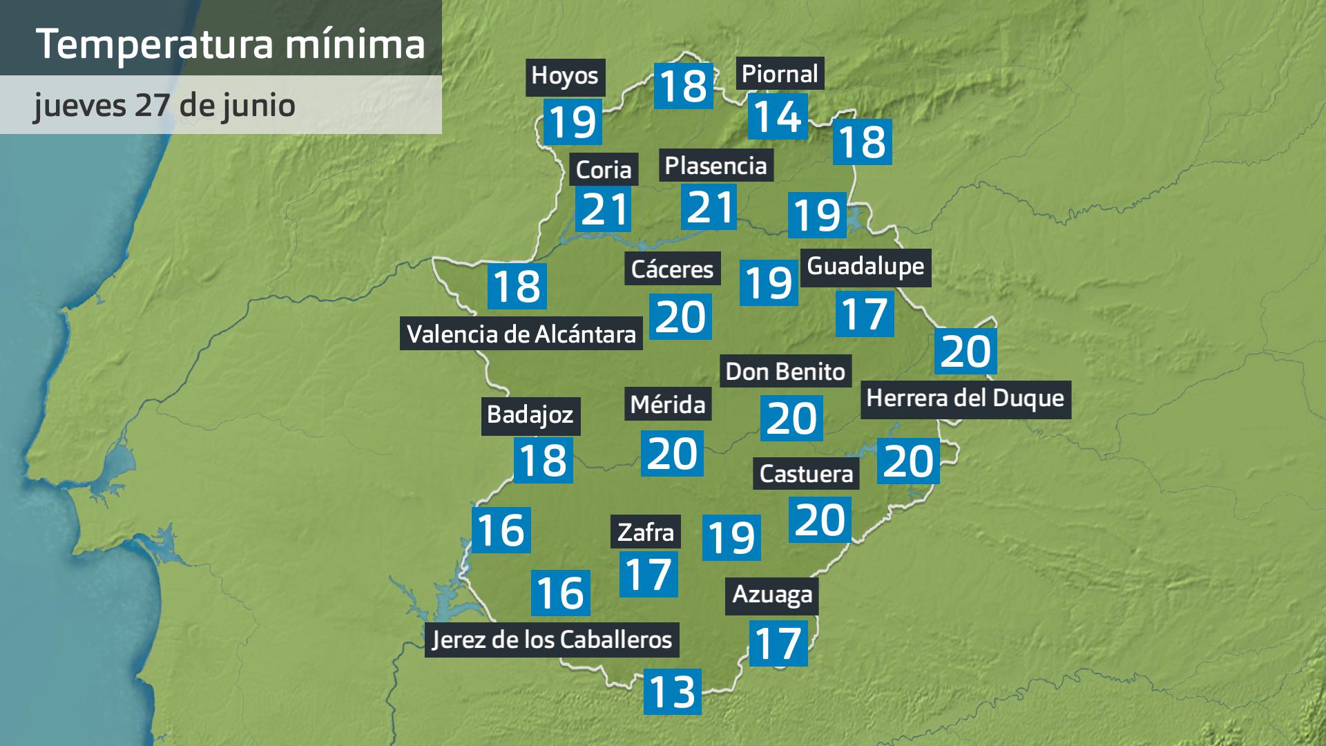 Temperatura mínima jueves 27 de junio. Datos hasta las 6:45 h. Aemet, Meteoclimatic et al.