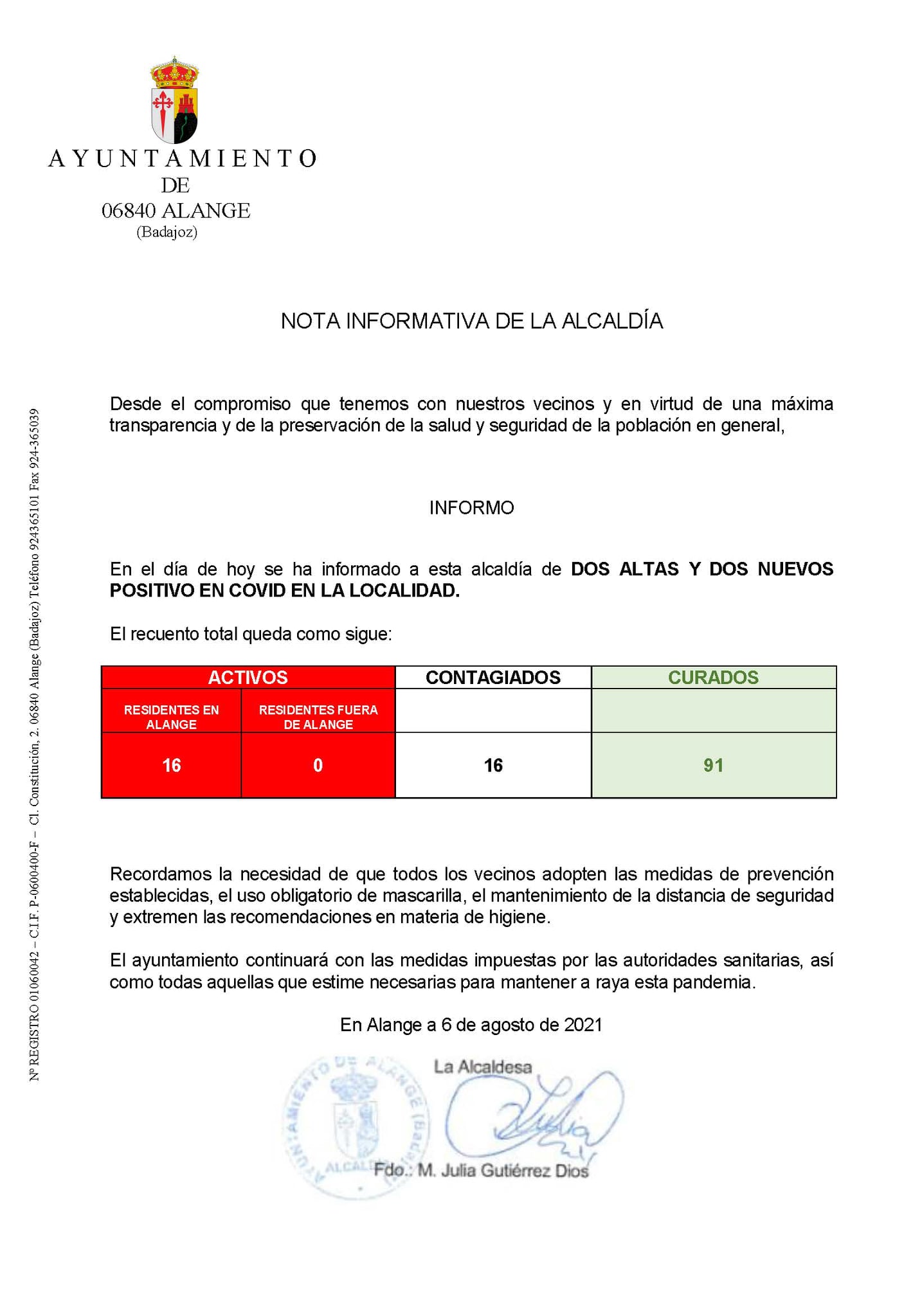 Nota informativa del Ayuntamiento de Alange.