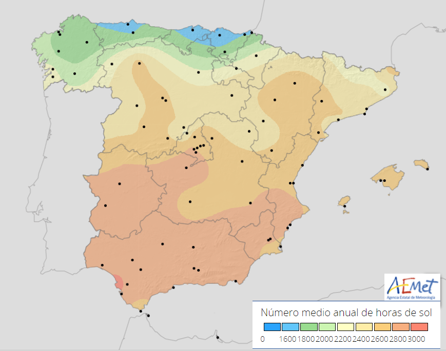 Número medio de horas del sol al año. Aemet