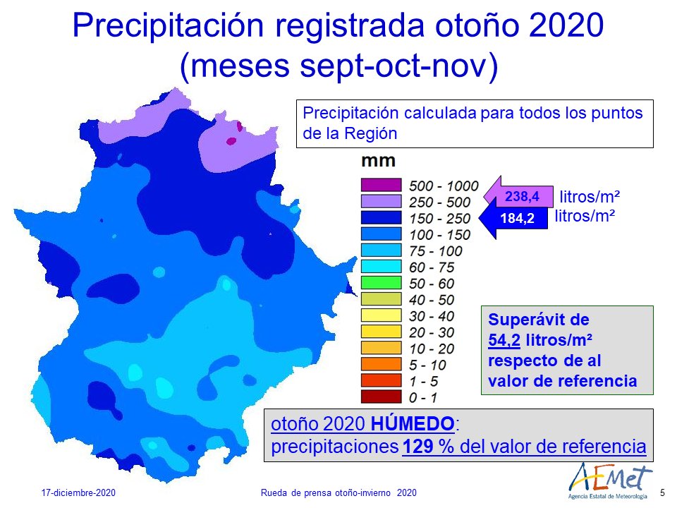 Resumen de lluvia acumulada trimestre otoño 2020. Fuente: Aemet Extremadura