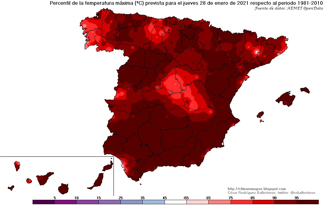 Percentil de la temperatura máxima jueves 28 de enero. Fuente Aemet