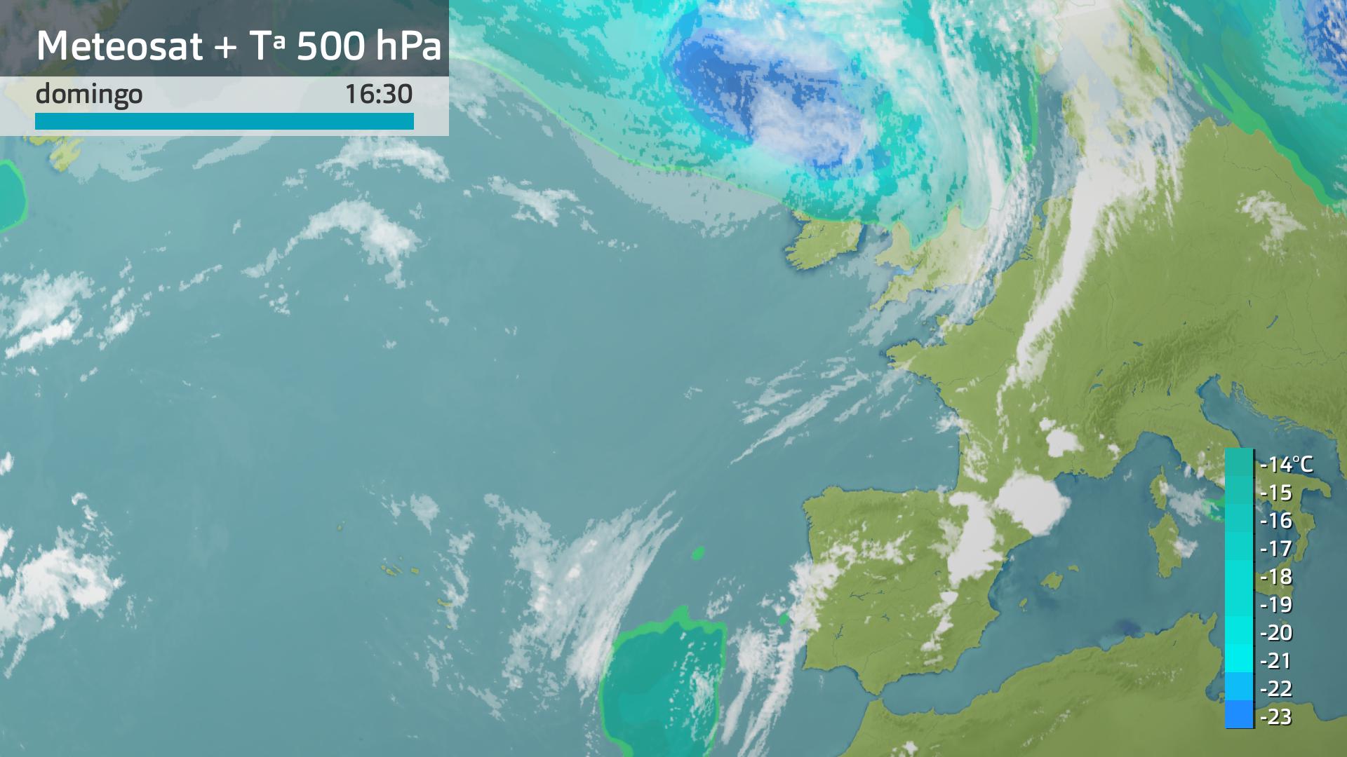 Mapa de superficie y de temperatura a 500 hPa (5500 metros de altura)