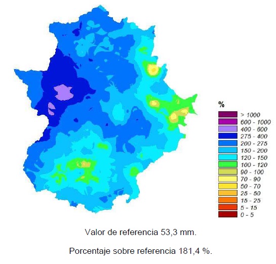 Porcentaje de la lluvia acumulada en abril con respecto a la normal climática. Mapa de Aemet Extremadura