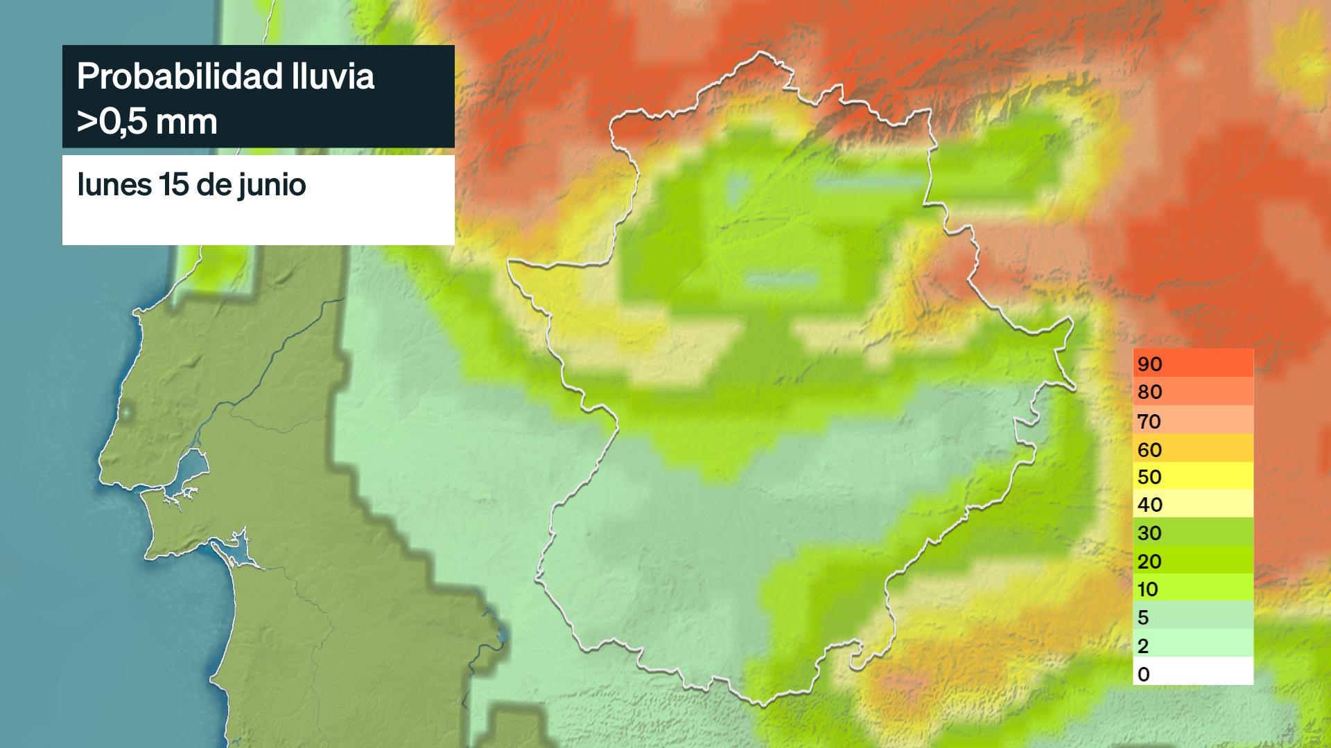 Mapa de probabilidad de lluvia (>0,5 mm) para hoy lunes 15 de junio