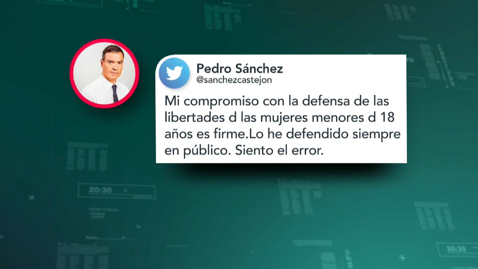 Tuit de Pedro Sánchez pidiendo perdón por confundirse en la votación de la ley del aborto del PP.